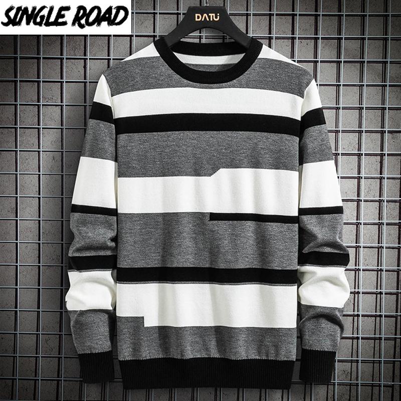 

SingleRoad Mens Knitted Sweater Men 2020 Winter Striped Sweaters Pullover Jumper Harajuku Korean Style Casual Black Sweater Men