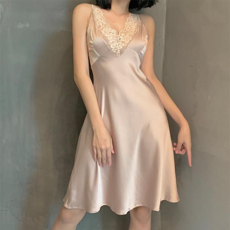 

Summer Silky Satin Slip Nightdress Lace Perspective Ultra-Deep V Temptation Mid-Length Slim Sexy Sleep Wear Women's Night Gown, Black