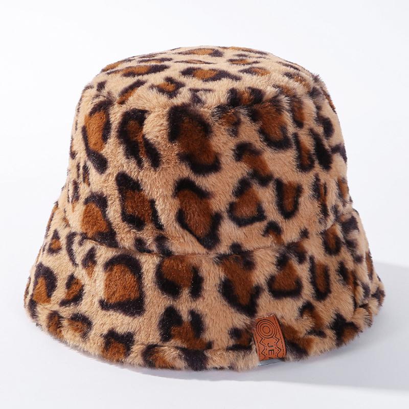 

Leopard cow for womens winter bucket hats Thick Warm lady Japanese Panama Outdoor Travel Fisherman Hat Vintage Faux Fur Autumn, Black
