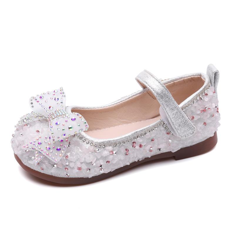 

2021 Children Leather Shoes Rhinestone Baby Girl Dance Shoes Princess Shining Sandals Baby Bowknot Soft Party Flat, White