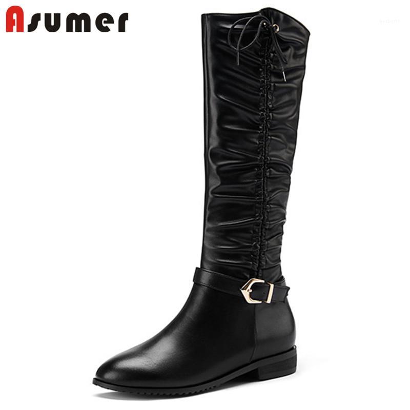 

ASUMER 2020 new arrival knee high boots women round toe zip buckle autumn winter boots pleated classic low heels shoes woman1, Beige