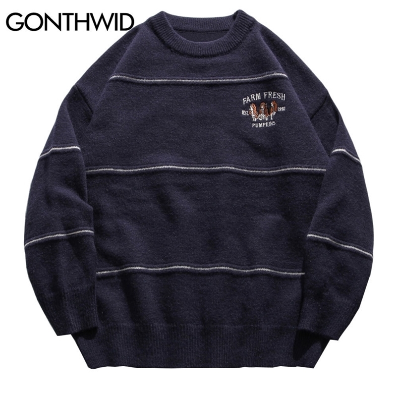 

GONTHWID Harajuku Emroidery Dogs Knitted Stripe Sweaters Jumpers Streetwear Hip Hop Fashion Casual Pullover Knitwear Tops 201105, Blue