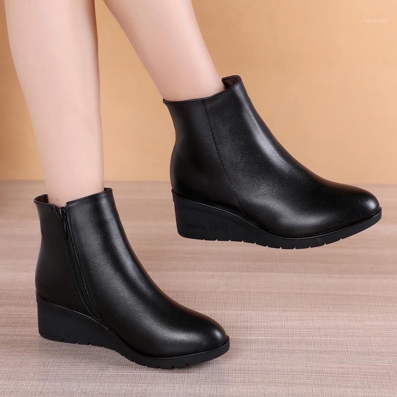 

Soft-soled leather boots women's thick-soled boots Joker high-heeled short leather wedges short high heels1, Black single lining