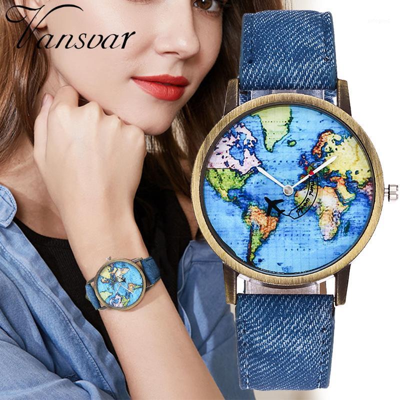 

Wristwatches Vansvar Brand Global Travel By Plane Map Denim Fabric Band Watch Casual Women Quartz Relogio Feminino1, Black