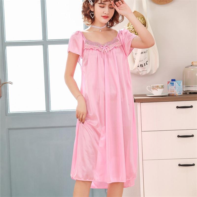 

Free Shipping 2020 New Women Summer Candy Color Ice Silk Nightgown Female Large Size Short Sleeve sleepwear Homewear, Black