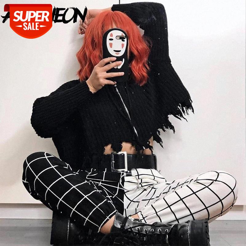 

ALLNeon Women's Straight Pants Patchwork Plaid Long Pants Fashion Female's Overalls Streetwear Trousers Harajuku Spring 2020 #A44h, Black;white
