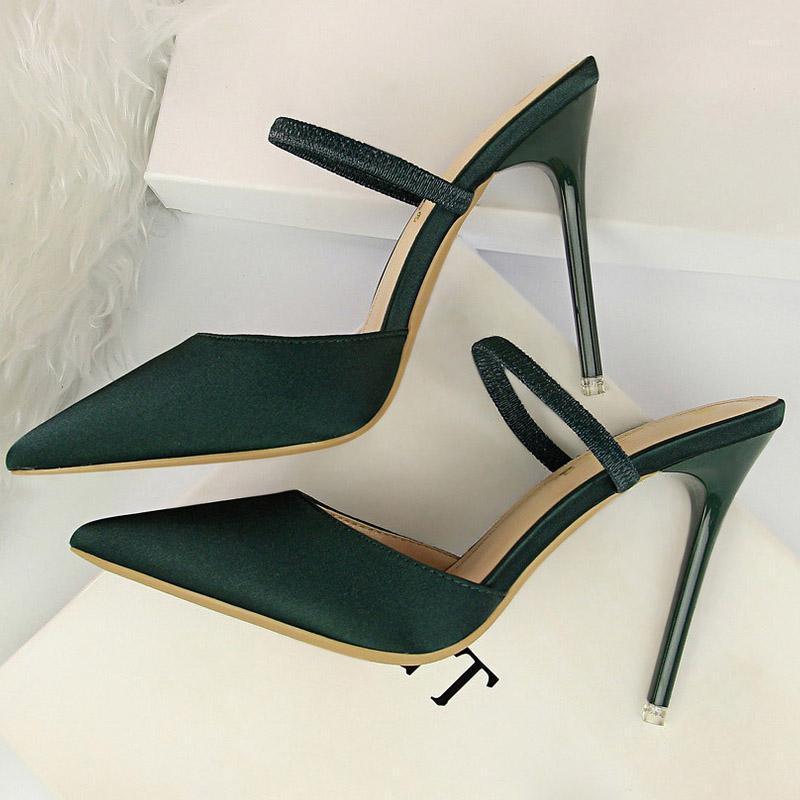 

2020 Women 10cm Stiletto High Heels Plus Size Satin Sandals Lady Sexy Green Pumps Slides Scarpins Heels Blue Silk Mules Shoes1, Denim