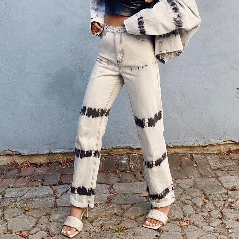 

2020 Casual Loose Straight Denim Pants Long Trouser Straight Jeans Print Button Full Length High Waist Tie Dye Bottoms Outifts, White