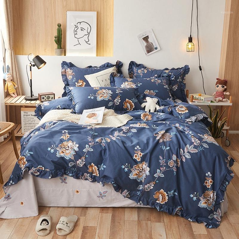 

New 100% cotton Bedding set blue flowers Duvet cover Bed Sheet/Linen Pillowcases 4pcs for adults bed set1