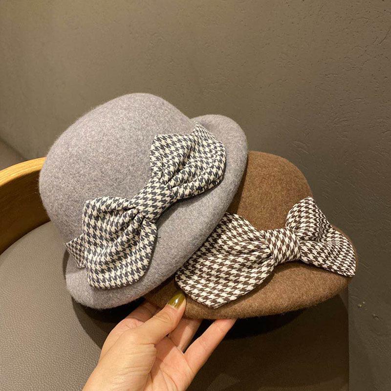 

Hat Woman Autumn Winter Korean Fashion Elegant Bowler Hat Woolen Bow Warm Basin Fisherman Fashion, Black