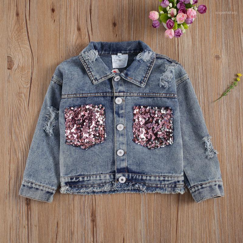 

1-6Y Infant Kids Baby Girls Jeans Coat Sequin Leopard Ripped Hole Patchwork Fashion Denim Jackets Tops Spring Autumn Clothes1