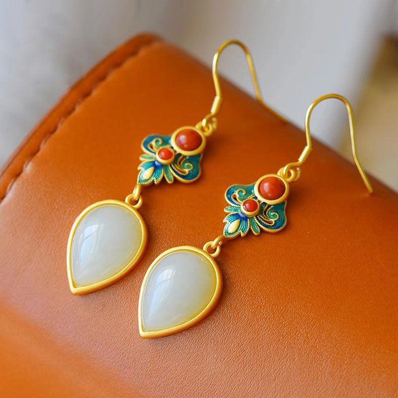 

Natural Hetian white jade water drop earrings Chinese style antique cloisonne enamel light luxury ethnic women's brand jewelry