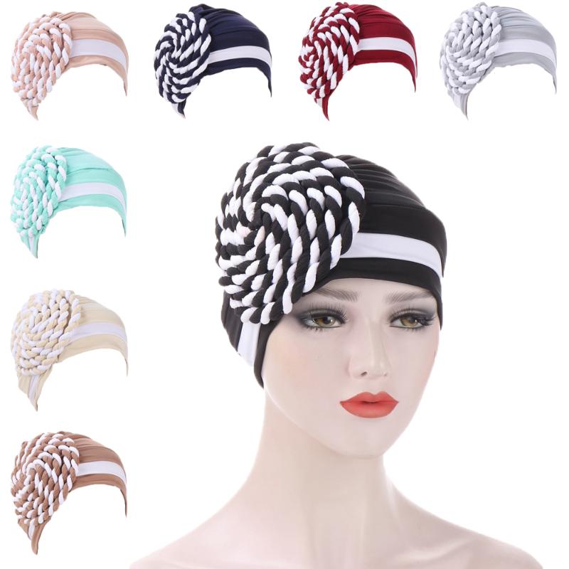 

2020 Hirigin Spring/Autumn Women Muslim Side Braid Two-color Toe Cap Milk Silk Bicolor Outdoor Turban Wedding Party, H coffe