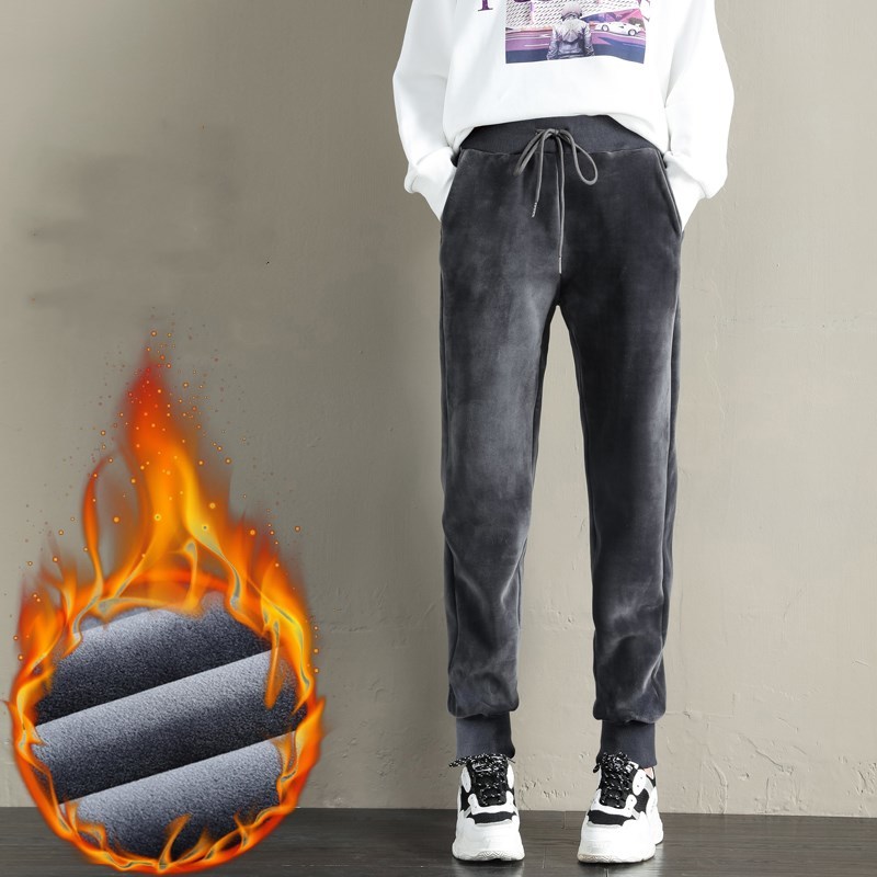 

Women's pants winter 2020 hot size plus velvet solid leisure sports harepant Korean style cordon chic, Thin dark gray.