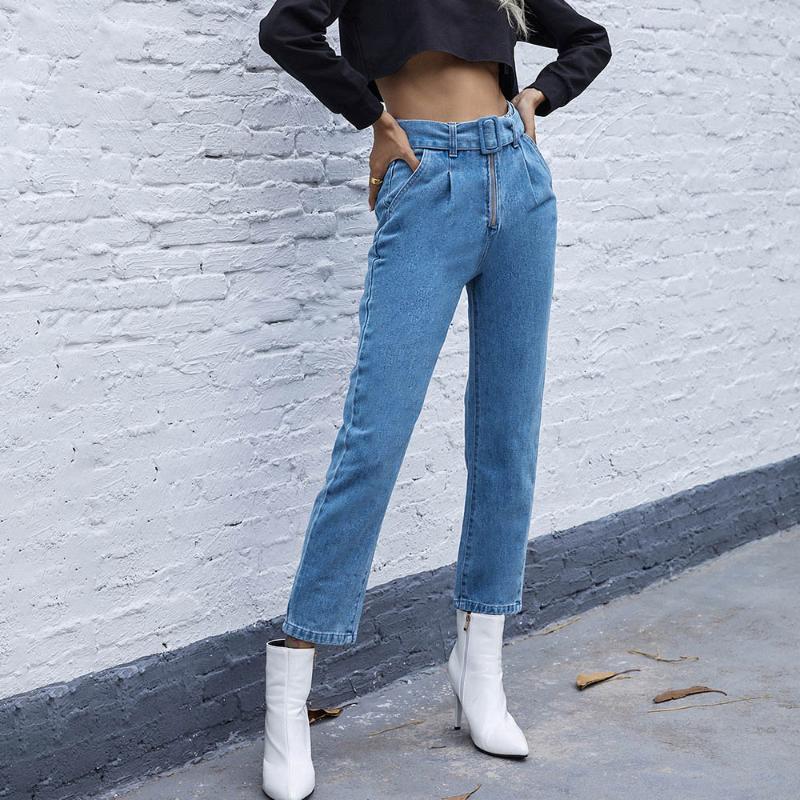

Jeans Woman High Waist Denim Blue Pencil Pants Woman Jeans Zipper Pockets Sashes Slim Streetwear