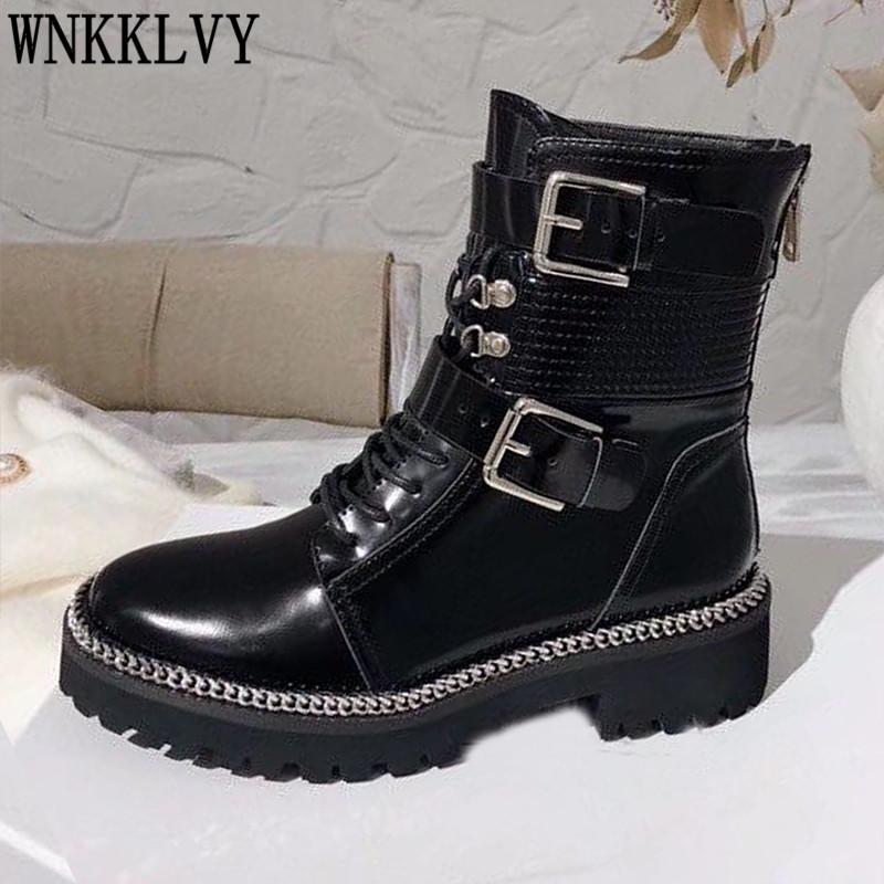 

Thick bottom motorcycle short boots women round toe real leather metal belt buckle ankle botas female autumn boots 2021, Black