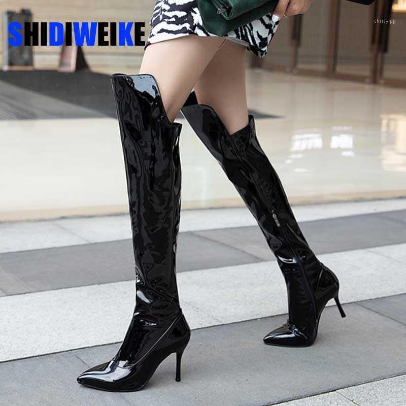 

Sexy Mirror Leather Thigh High Boots Women Thin Heels Over The Knee Boots For Women Point Toe Fetish Party Long Shoes AC0681, White