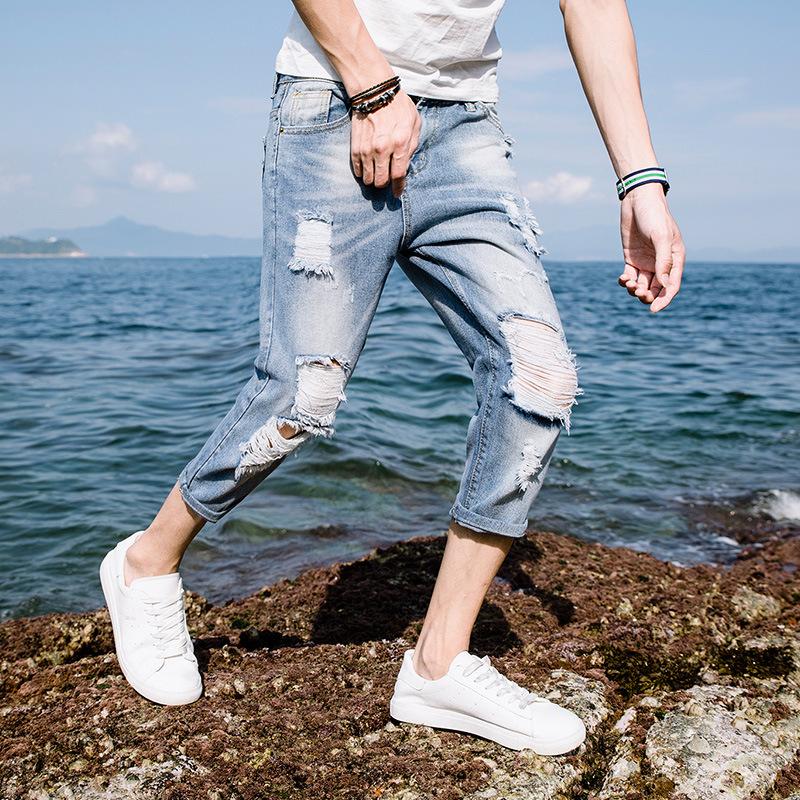 

Summer 2021 Fashion Korean style teenagers street ripped holes Slim boys shorts ripped copper ultra-thin jeans Calf length pants, Blue