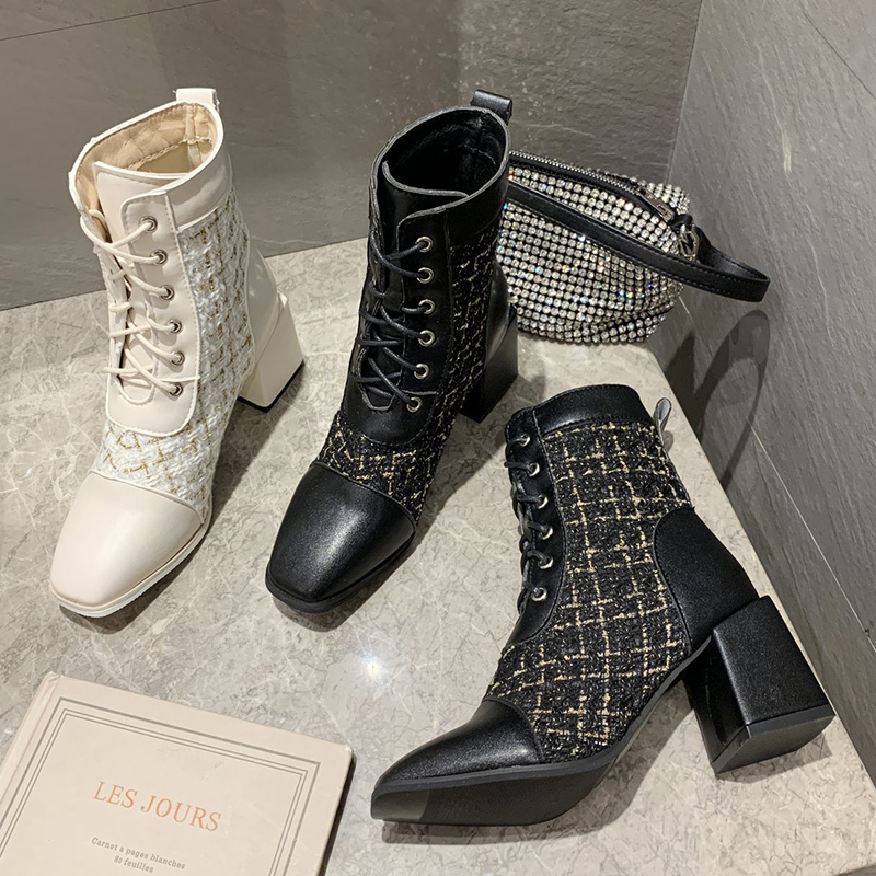 

Black 2020 Winter Beige Female Designer 7cm Thick Ankle Checkered Square Gladiator Foot Lace Boots to Shoes 61kt, Kiss