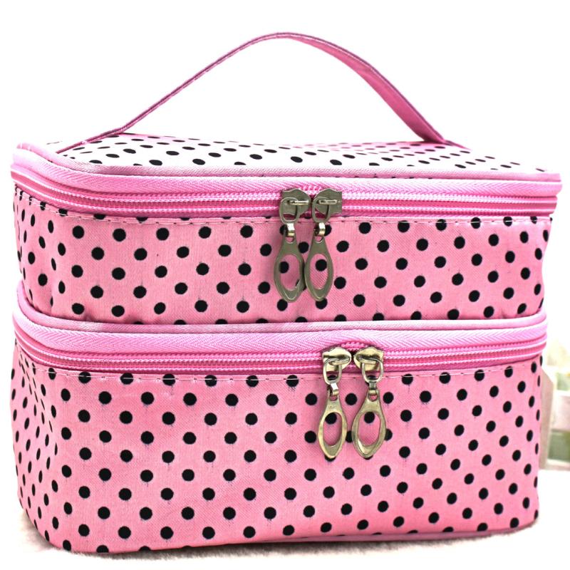 

Double Layer Women Travel Toiletry Cosmetic Bag Make Up Case Dots Makeup Tool Storage Bag Multifunctional Organizer, Black