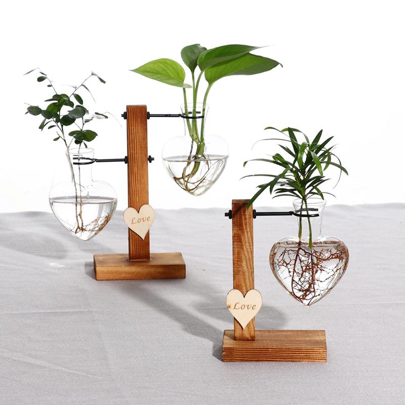 

Nordic Style Terrarium Hydroponic Plant Vases Vintage Flower Pot Glass Test Tube Vase Wood Stand Tabletop Bonsai Plants Decor
