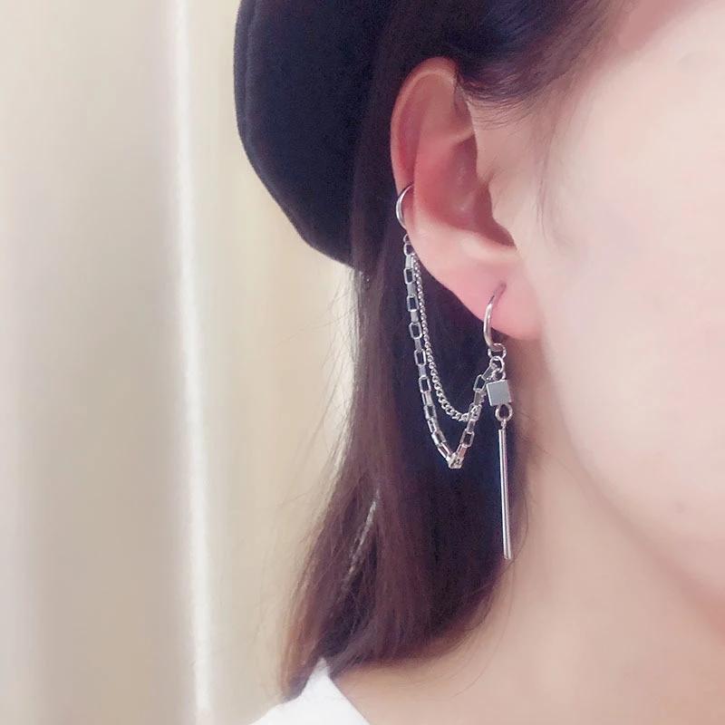 

Dangle & Chandelier 2021 Kpop Punk Gothic Stainless Steel Safety Chain Earring Hip Hop Rock Korean Style Jewelry For Men Women Simple Earcuf