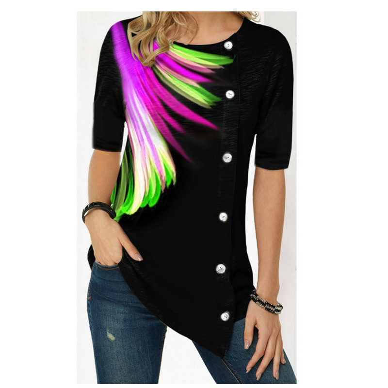 

2021 Third Feather Printed T-shirts of Women Sleeves New Summer Shirt Size 5xl Ladies Upper Sleeve Short 3d Tshirt UZGQ, Red printing.