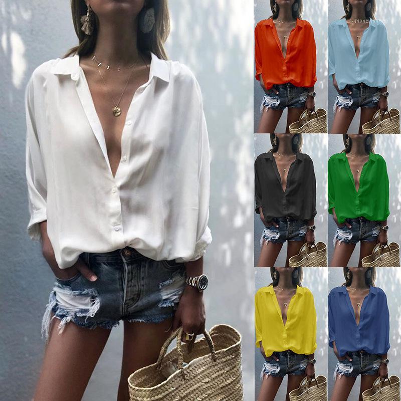 

Loose casual women blouses autumn 2020 women' blouses deep V-neck button solid color stitching chiffon1, Black