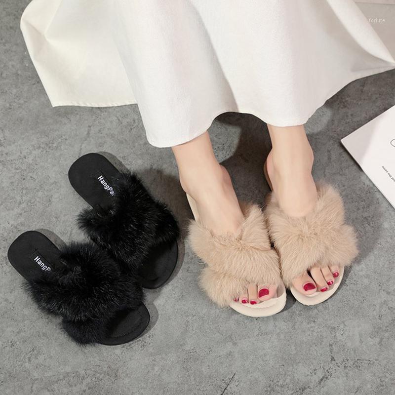 

summer autumn outside fur slippers woman flat heel flip flops comfort slip on shoes woman cross-belt furry shoes mules1, Beige