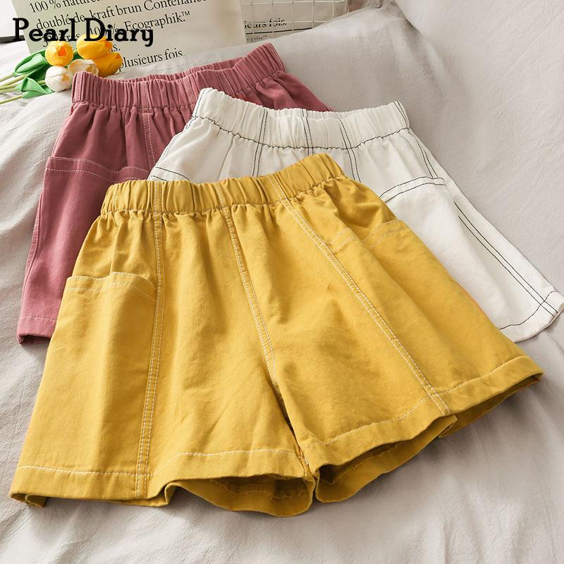 

Pearl Dairy Women Cotton Short Pant Elastic Waist Contrast Stitching Shorts Summer Big Pocket Casual Plain Hot Girlish Shorts, Black