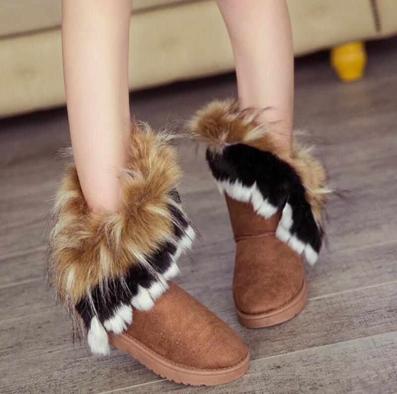 

New Female Snowboots in the Tube Imitation Fox Skin Flat Cotton Shoes Free Design Non-slip Wsneakers Winter Boots A22c, 01black