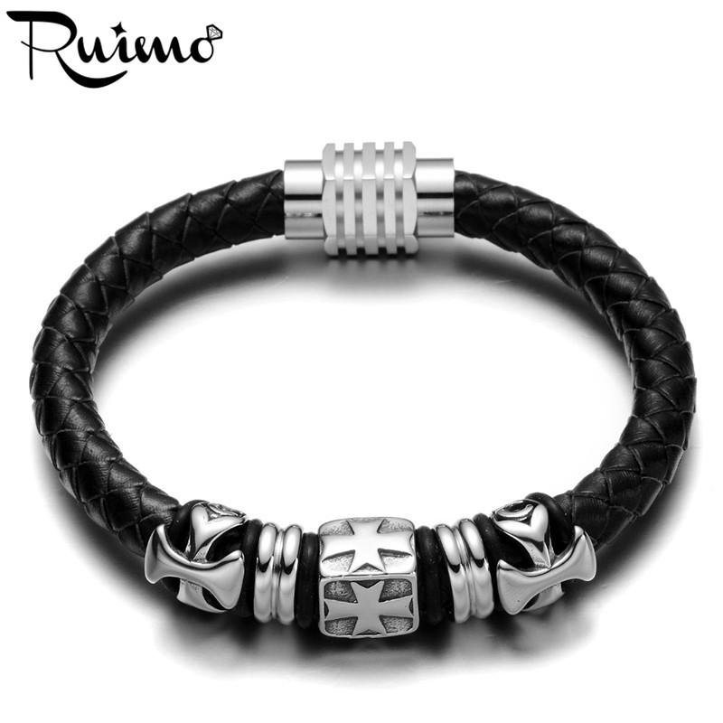 

RUIMO 5 Models 17-21cm Male Cross Style Charms Bracelet Leather Rope with Magnet Buckle Stainless Steel Men Bracelets & Bangles
