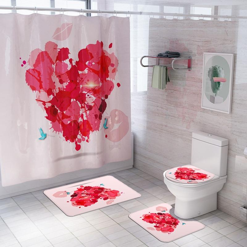 

Bathroom Set Heart Pattern Waterproof Shower Curtain Toilet Cover Mat Non Slip Rug