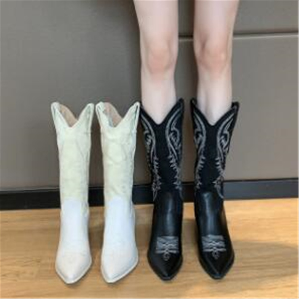 

New Winter 2021 Fall Fashions Leather From the Western Vintage Woman Cowboy Slide on Toe Pointed Mid-calf Calf Boots High Heels Shoes BOK9, Beige
