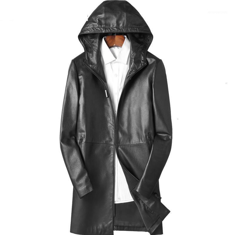 

Men Jacket Long Sheepskin Coat Hooded Genuine Leather Jacket Korean Windbreaker Leather Coat Chaqueta Cuero Hombre1, Black