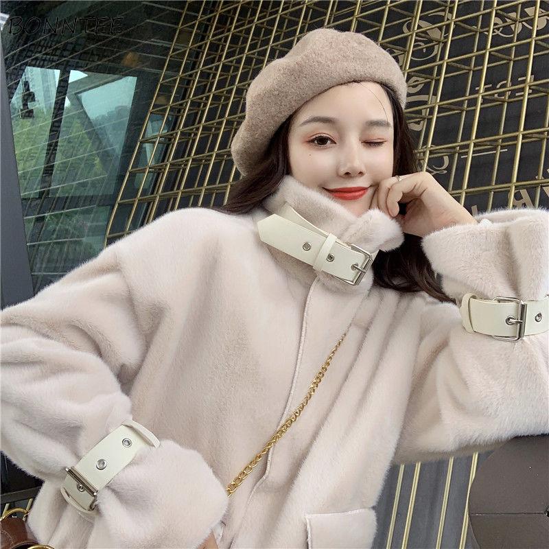 

Women Wool Blends Winter Zipper Drop Shoulder Design Casual Students Warm Outwear Cute Harajuku Loose Korean Style Fashion Chic, Apricot