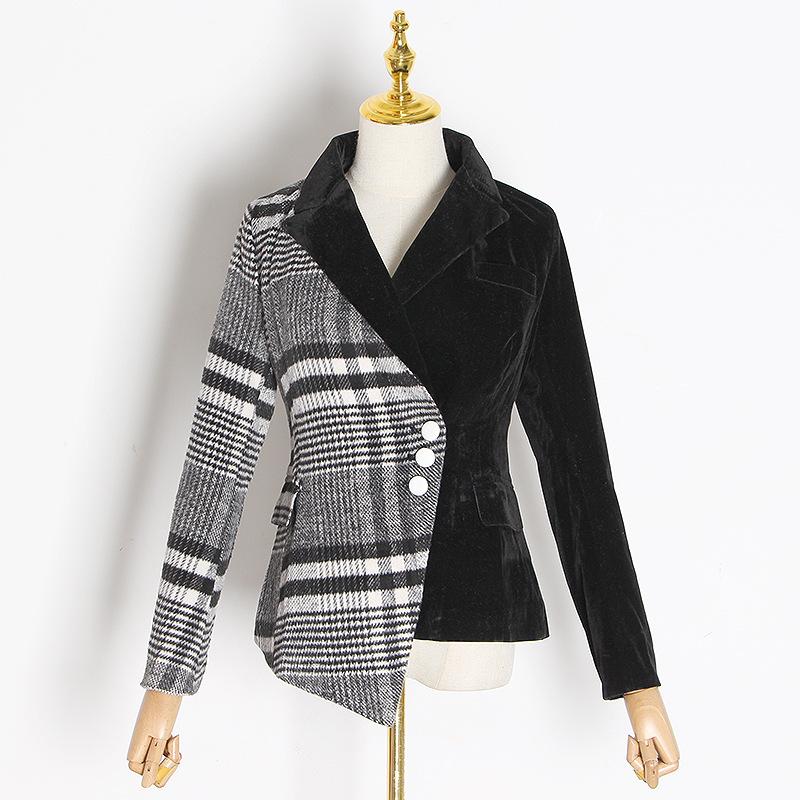 

2020 winter new Contrasting check pattern women' woolen blazer, suit collar, long sleeves, irregular hem, slim coat, top, Picture color