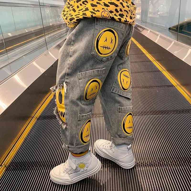 

Baby Boys Jean Pants Kids Denim Trousers Children Casual Jean Yellow Face Printed Cotton Trousers  To 160 G1220, Blue