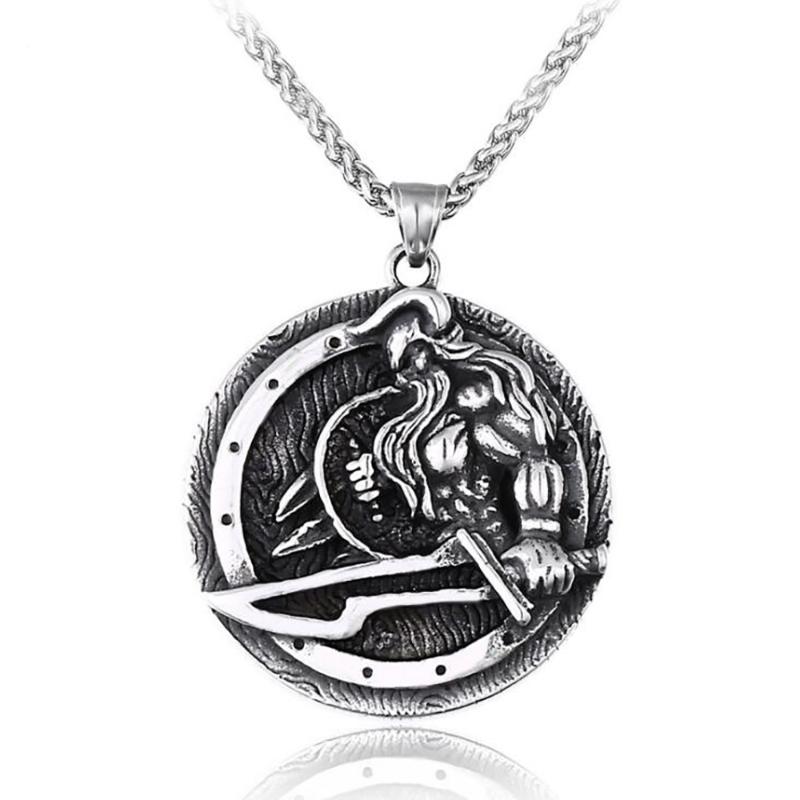 

Stainless Steel Vintage Odin Viking Warrior Round Pendant Necklace with 60cm Chain Punk Rock Gift For Him Sword and Shield
