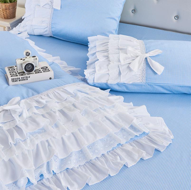 

Blue checked ruffle lace bedding sets, full queen king sweet fairyfair cotton bedclothes bedspreads pillow case quilt cover, Picture color