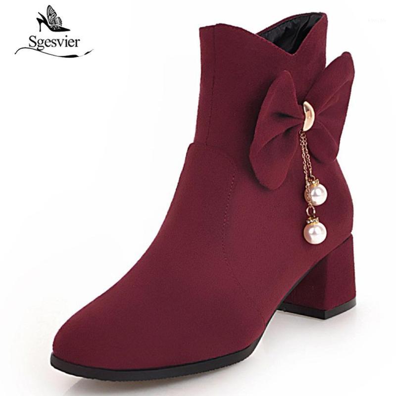 

Sgesvier Black Ankle Boots for Women Square High Heels Bowtie Shoes Autumn Winter Zipper Botas Shoes Motorcycle Boots OX7881