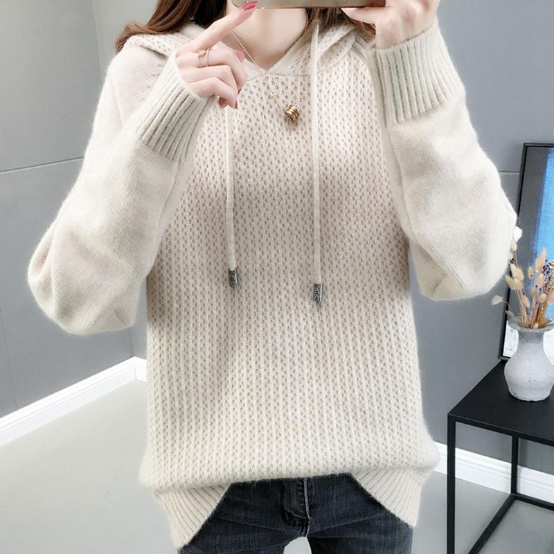 

2020 Hoodies Women New Knit Solid Color Fashion Slim Loose Female Bottoming Sweatshirt Casual Simple Autumn Winter Elegent, Red