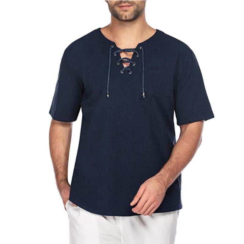 

Casual Summer Men Solid Color Short Sleeve Bandage Pocket Linen T-shirt Top, Beige