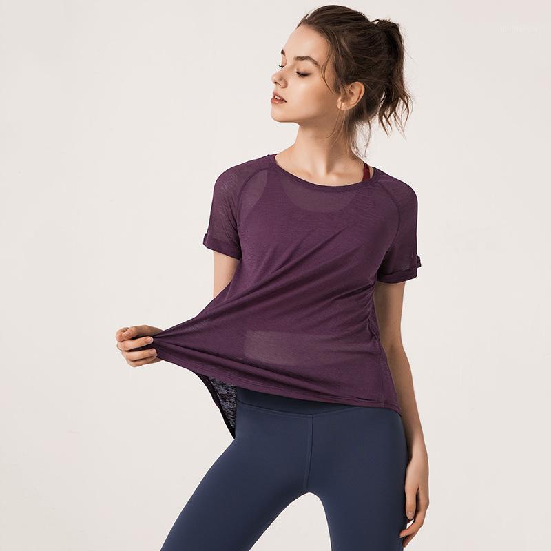 

Short Sleeve T-shirt Blouse Workout Clothes For Women Fashion Women Solid Yoga Shirts Breathable Sport Tops Back Split T-shirt1, Black
