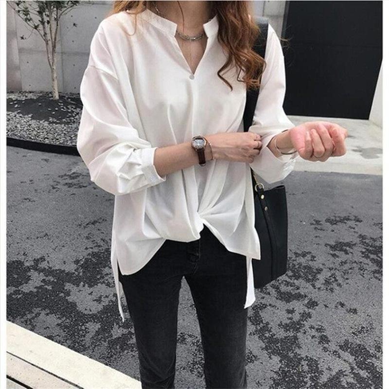 

2021 Summer Autumn New Shirts Women Long Sleeved Shirt Loose BF Shirt Solid Color V Neck Tie Casual Loose, White