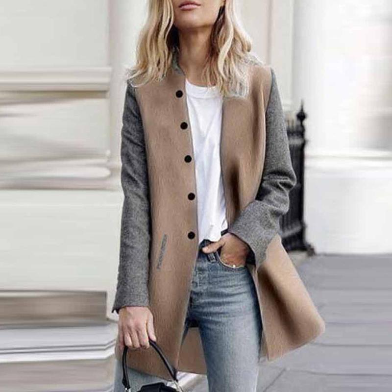 

Autumn Winter Women Elegant Woolen Coat Casual Long Sleeve Splicing Color Slim Cardigan Jacket Plus Size Outwear Women Clothing1, Black