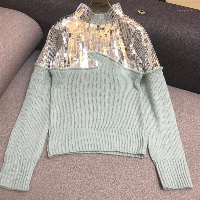 

Women' stand collar mint green color mohair wool knitted patchwork paillette sequined shinny bling sweater jumpers pullover top1, As pic