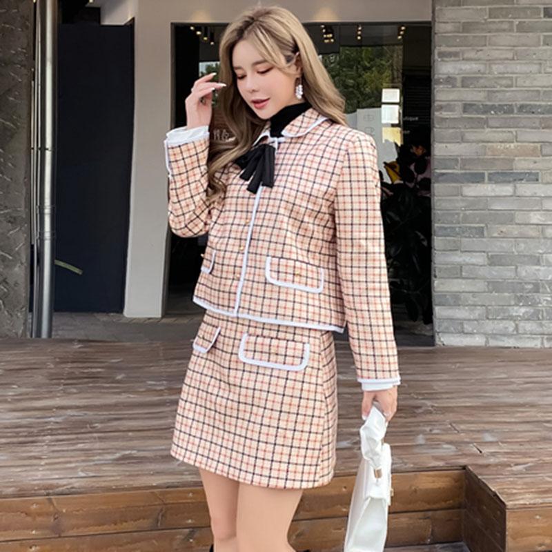 

Plaid Print Two Piece Set Women Vintage Office Lady Single Breasted Jackets + High Waist Mini Pencil Skirts Set Outfits B522, Apricot
