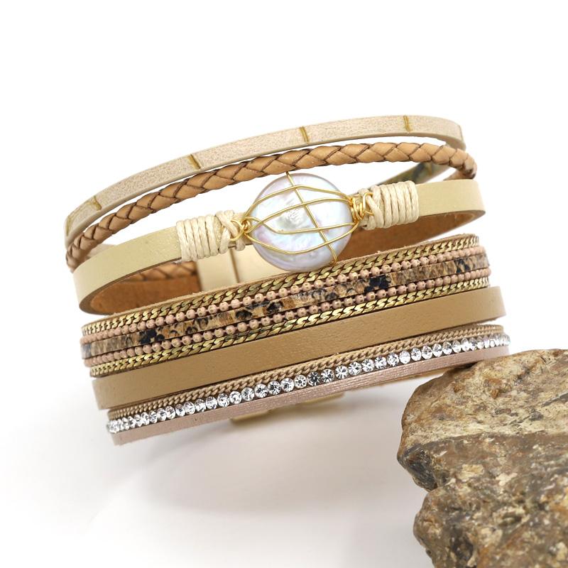 

Women's Bracelets Fashion Multilayer Leather with Natural Irregular Big Pearl Charm Wrap Bracelet Boho Jewelry