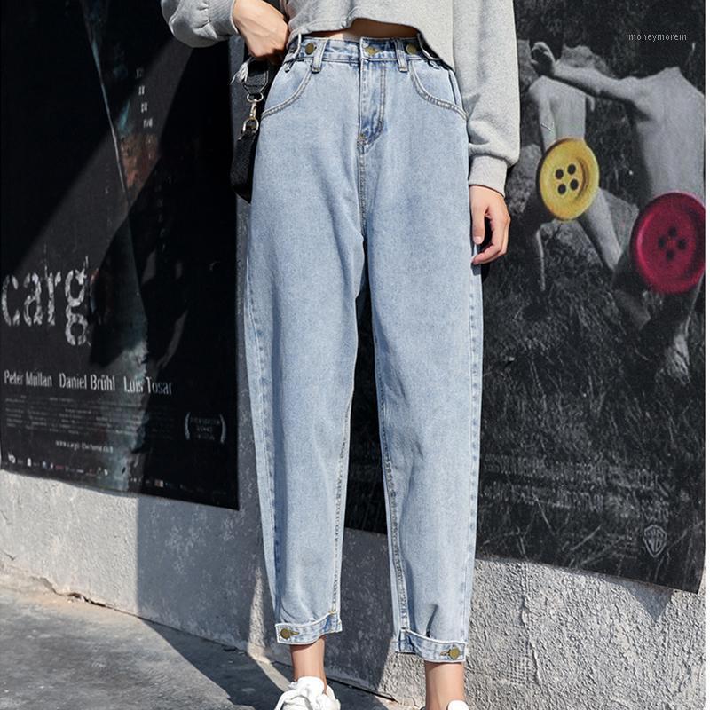 

Autumn High Waist Jeans Women Ankle Length Loose Cusaul With Bottons Adjustable Waist Nine Harem Denim Pants Ladies Plus Size1, Light blue